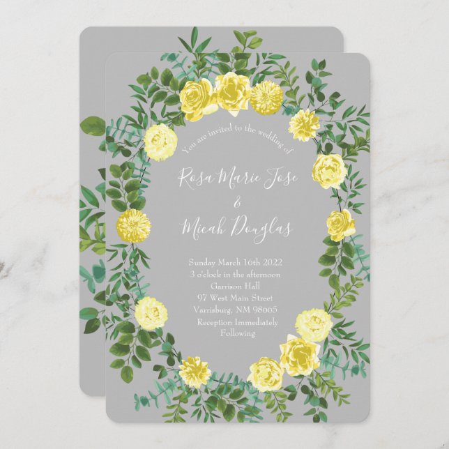 Faire-part de mariage floral Rose Gris Jaune Clair (Devant / Derrière)