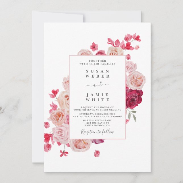 Faire-part de mariage floral rose magenta (Devant)