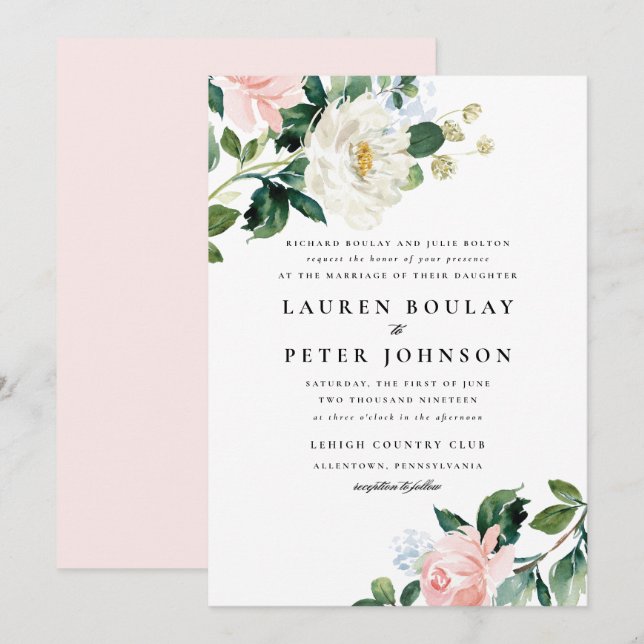 Faire-part de mariage floral rose pâle (Devant / Derrière)