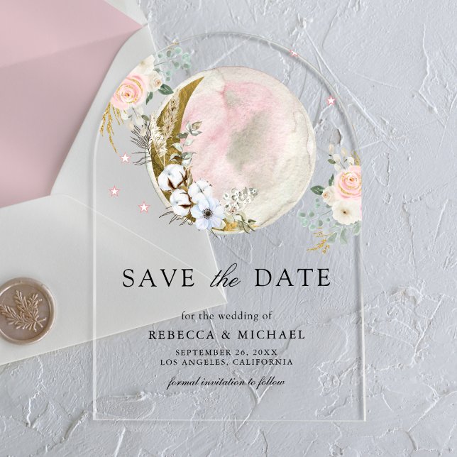 Faire-part de mariage floral rose pâle à la lune (Créateur téléchargé)