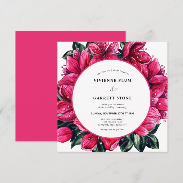 Faire-part de mariage floral rose profond branché (Devant / Derrière)