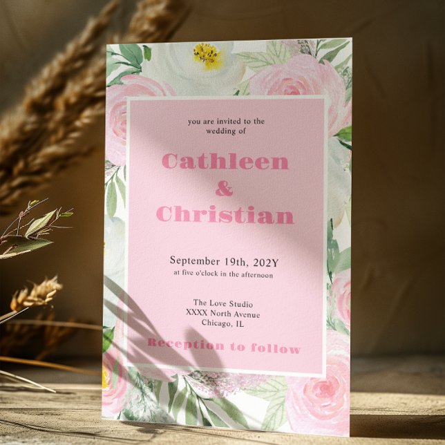Faire-part de mariage floral rose rose romantique (Créateur téléchargé)