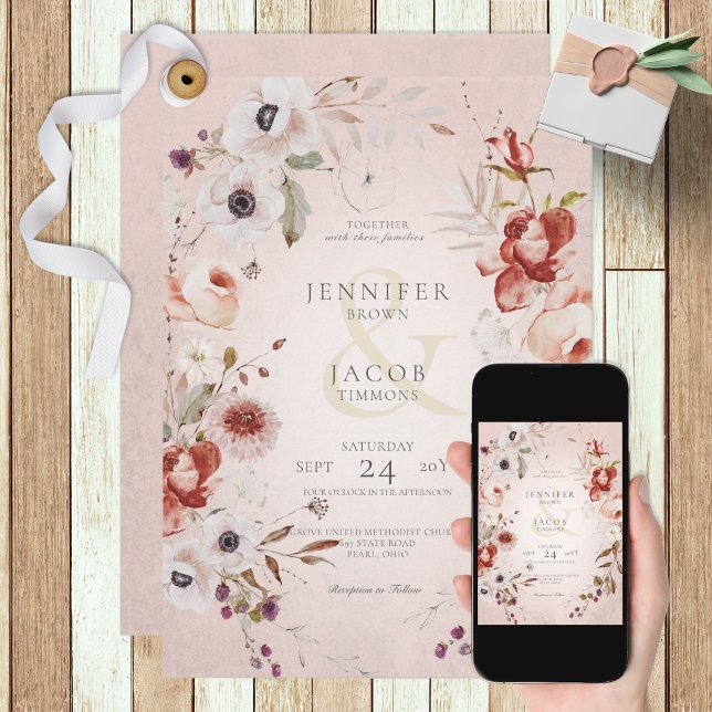 Faire-part de mariage floral rose Rose romantique (Créateur téléchargé)