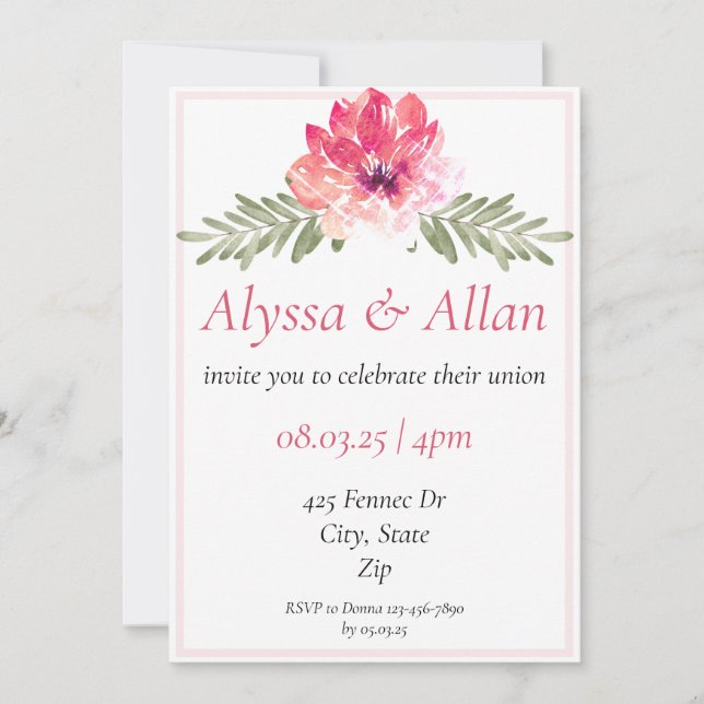 Faire-part de mariage floral rose simple (Devant)