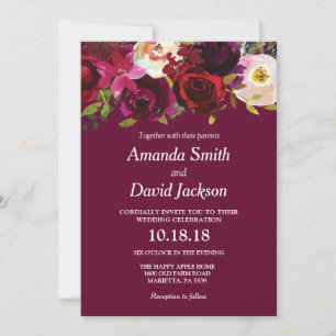 Faire-part de mariage floral rouge burgundy aquare