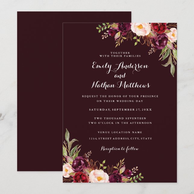 Faire-part de mariage floral rouge de Bourgogne pr (Devant / Derrière)