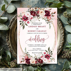 Faire-part de mariage floral rouge foncé or Boho G