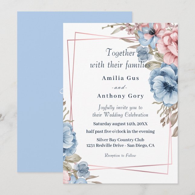 Faire-part de mariage floral rustique bleu et rose (Devant / Derrière)