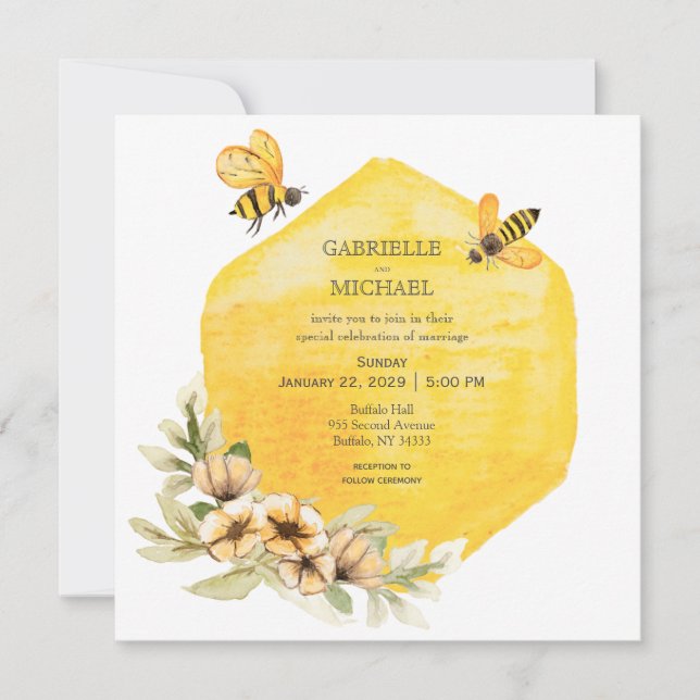 Faire-part de mariage floral rustique d'abeille (Devant)