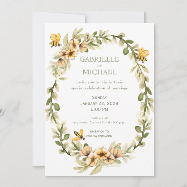 Faire-part de mariage floral rustique d'abeille (Devant)