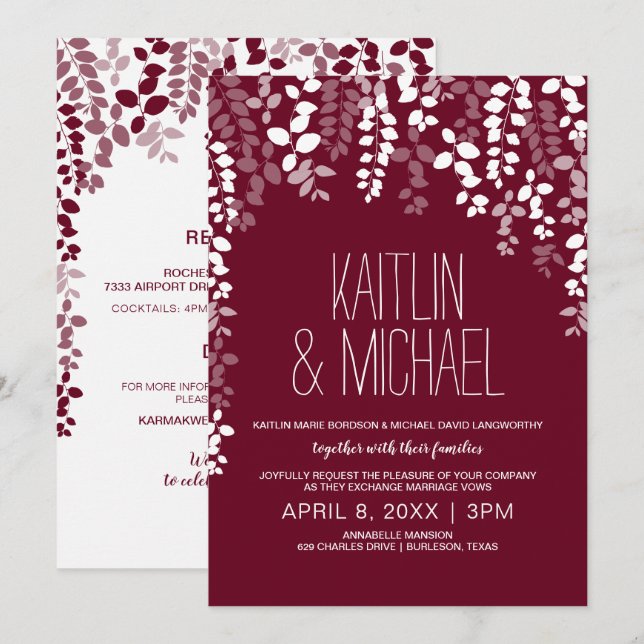 Faire-part de mariage Floral Rustique (Vin Marsala (Devant / Derrière)
