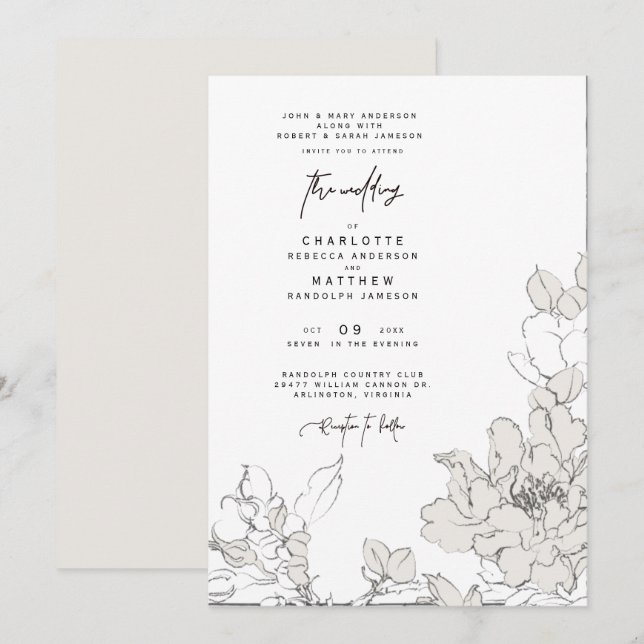 Faire-part de mariage floral simple dessiné au cra (Devant / Derrière)