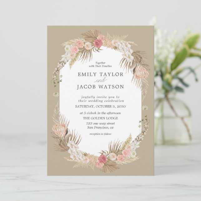 Faire-part de mariage floral Taupe Boho (Debout devant)