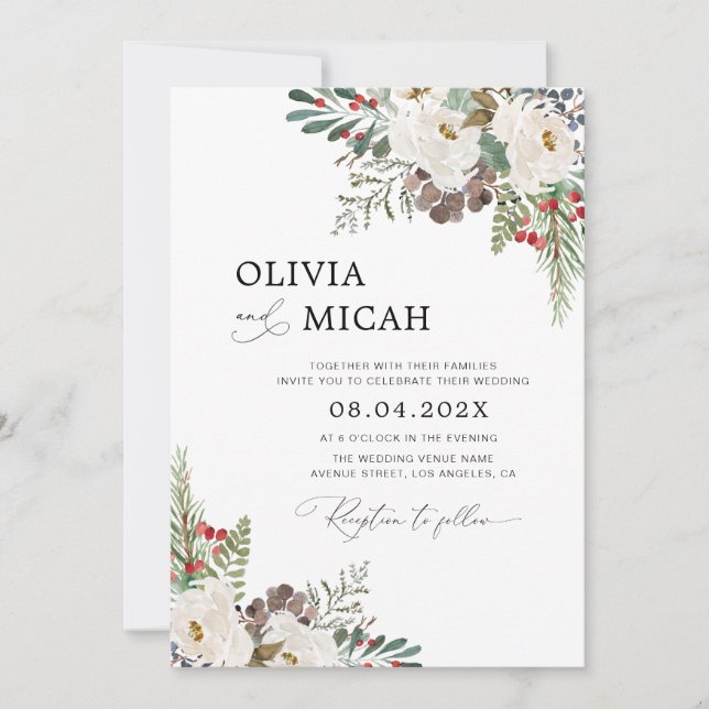 faire-part de mariage floral tendance de noël d'hi (Devant)
