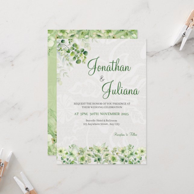 Faire-part de mariage floral vert doux (Devant/Arrière en situation)