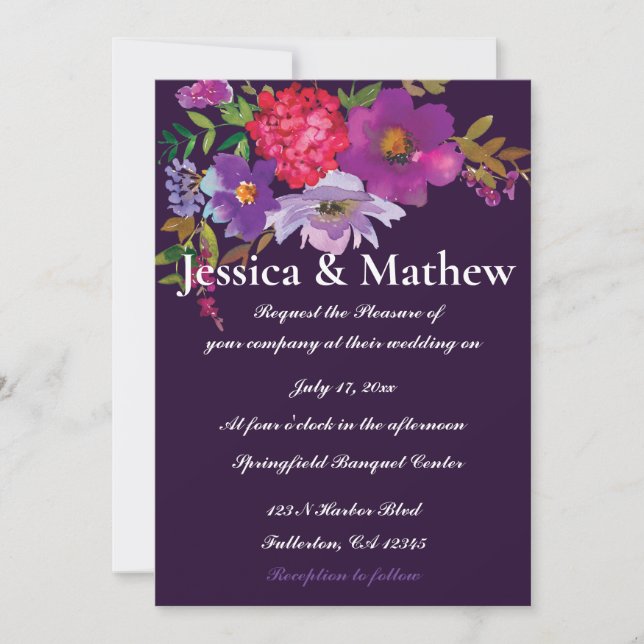 Faire-part de mariage floral violet élégant (Devant)
