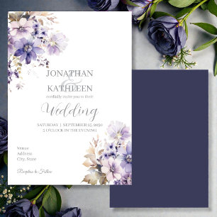 Faire-part de mariage floral violet et bleu à l'aq
