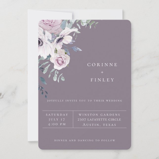 Faire-part de mariage floral violet Jardin poussié (Devant)