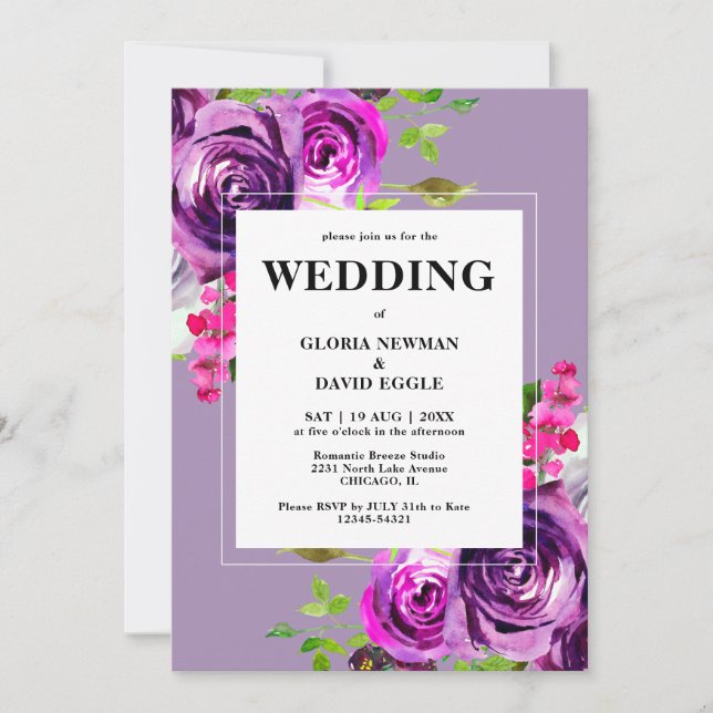 Faire-part de mariage floral violet romantique (Devant)