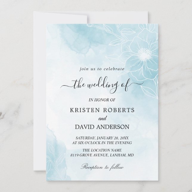 faire-part de mariage florale bleu clair (Devant)
