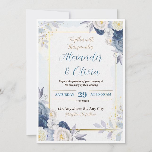 Faire-part de mariage Florale Bleu et Or (Devant)