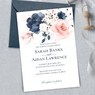 Faire-part de mariage florale bleu marine et rose 