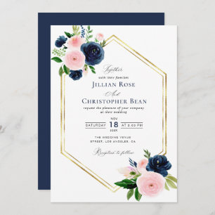 faire-part de mariage florale bleu marine et rouss