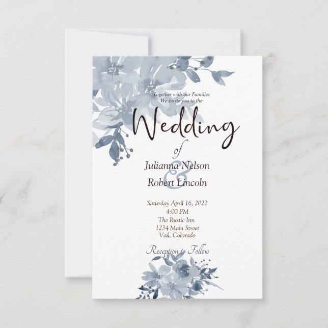 Faire-part de mariage florale d'aquarelle bleue (Devant)