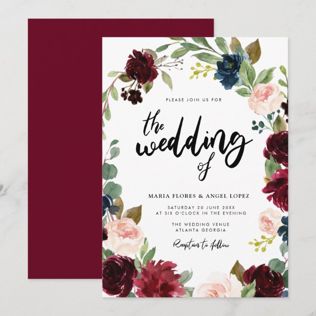 faire-part de mariage florale de Bourgogne (Devant / Derrière)