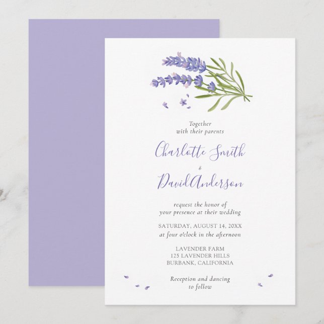 Faire-part de mariage florale de lavande violette (Devant / Derrière)
