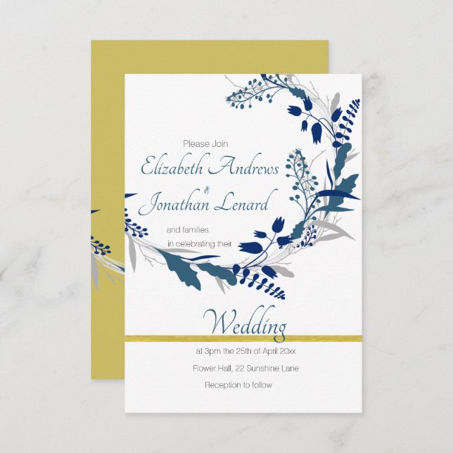 Faire-part de mariage florale en or et bleu (Devant / Derrière)
