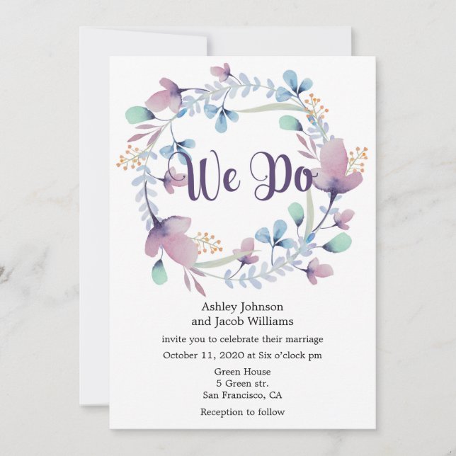 Faire-part de mariage florale. Invitation bleu et  (Devant)