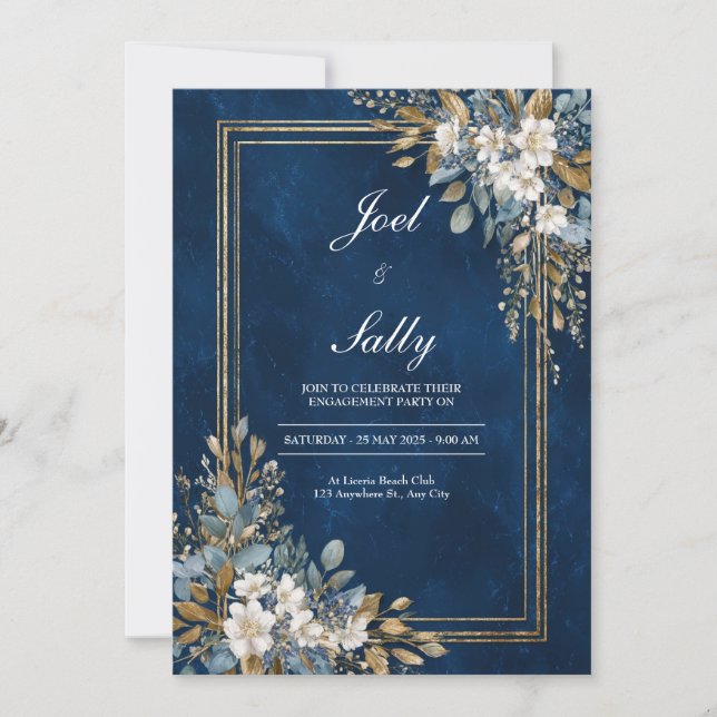 Faire-part de mariage florale marine et or (Devant)