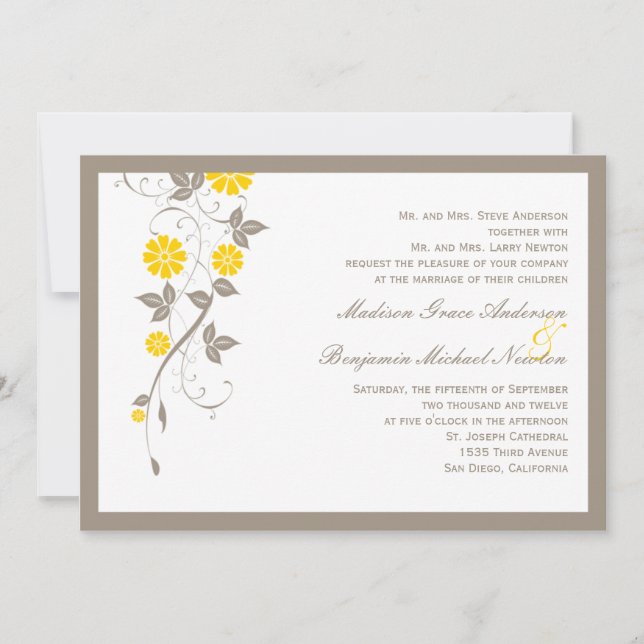 Faire-part de mariage florale moderne - moutarde (Devant)