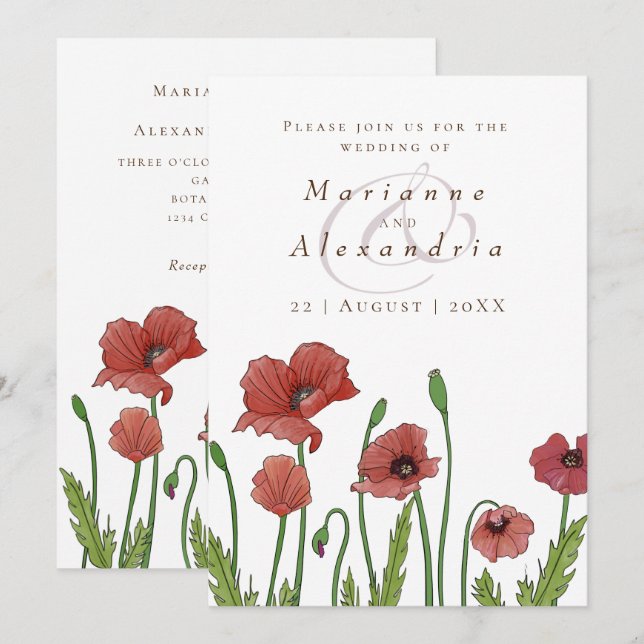 Faire-part de mariage florale moderne rouge pavot (Devant / Derrière)