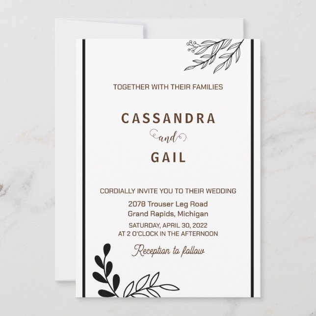 Faire-part de mariage florale noir et blanc (Devant)