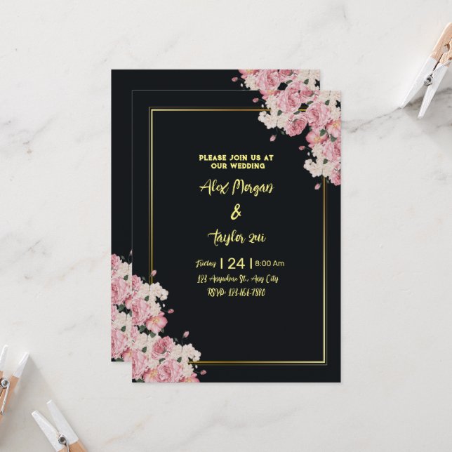 Faire-part de mariage florale noire et or (Devant/Arrière en situation)
