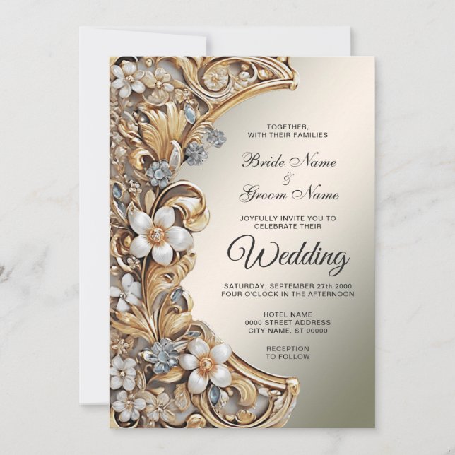 Faire-part de mariage Florale or blanc (Devant)