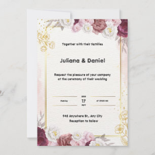 Faire-part de mariage florale rouge et or
