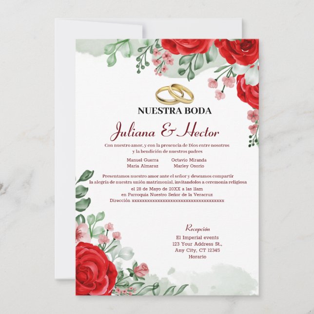 Faire-part de mariage florale rouge et verte (Devant)