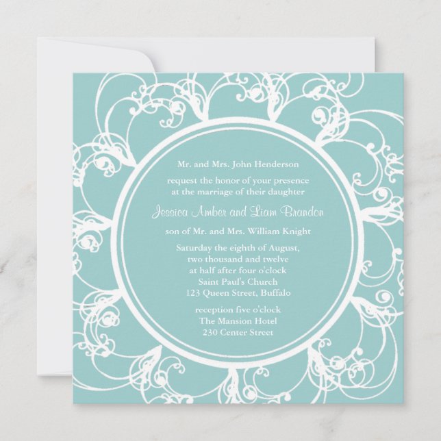 Faire-part de mariage florale soignée (turquoise) (Devant)