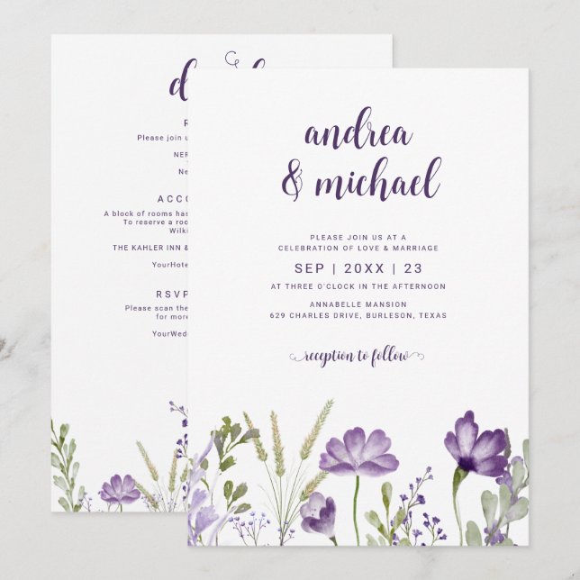 Faire-part de mariage florale violet avec détails  (Devant / Derrière)