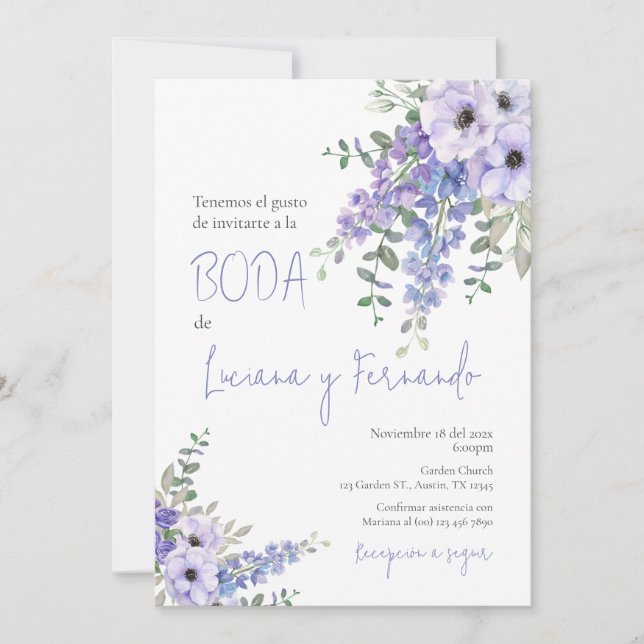 Faire-part de mariage florale violet en espagnol (Devant)