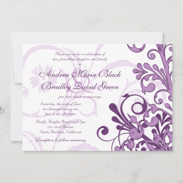 Faire-part de mariage florale violet et blanc (Devant)