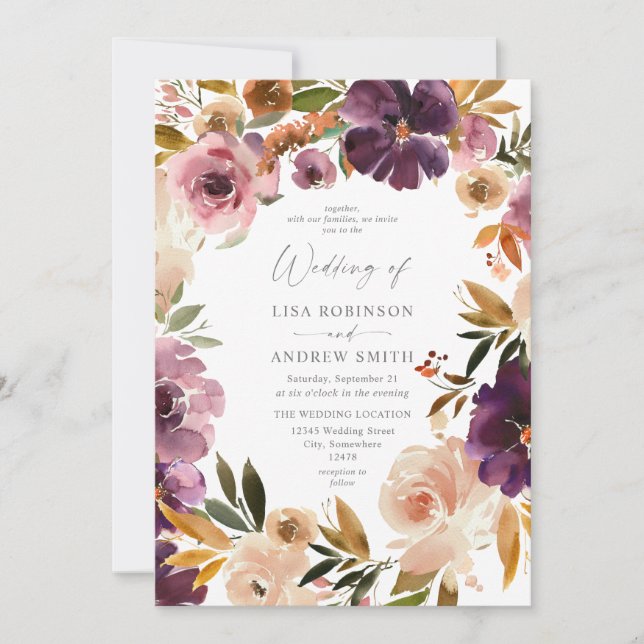 Faire-part de mariage florale violet et rose pâle (Devant)