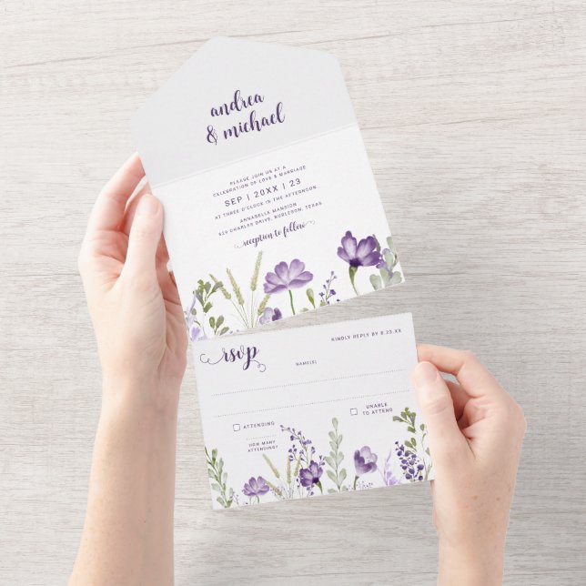Faire-part de mariage florale violet RSVP attachée (Déchirure)