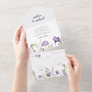 Faire-part de mariage florale violet RSVP attachée