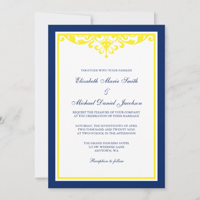 Faire-part de mariage florissant bleu et jaune de  (Devant)