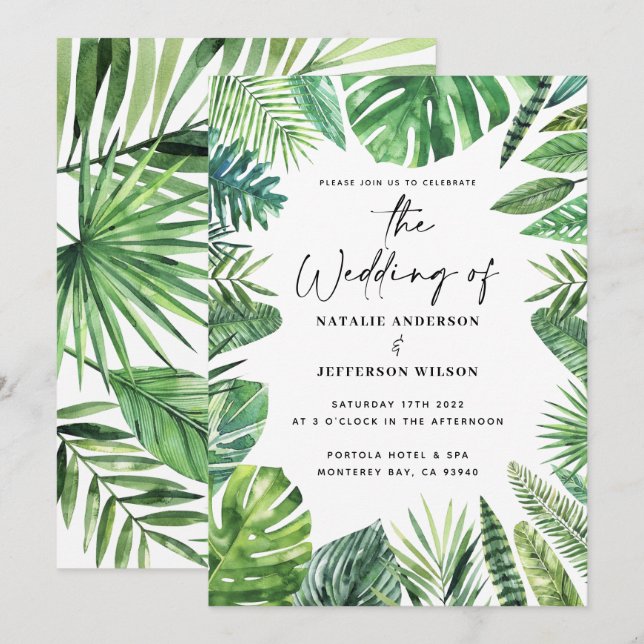 Faire-part de mariage foliaire tropicale en feuill (Devant / Derrière)