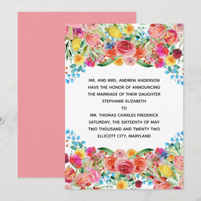 Faire-part de mariage formel floral rose rouge jau (Devant / Derrière)